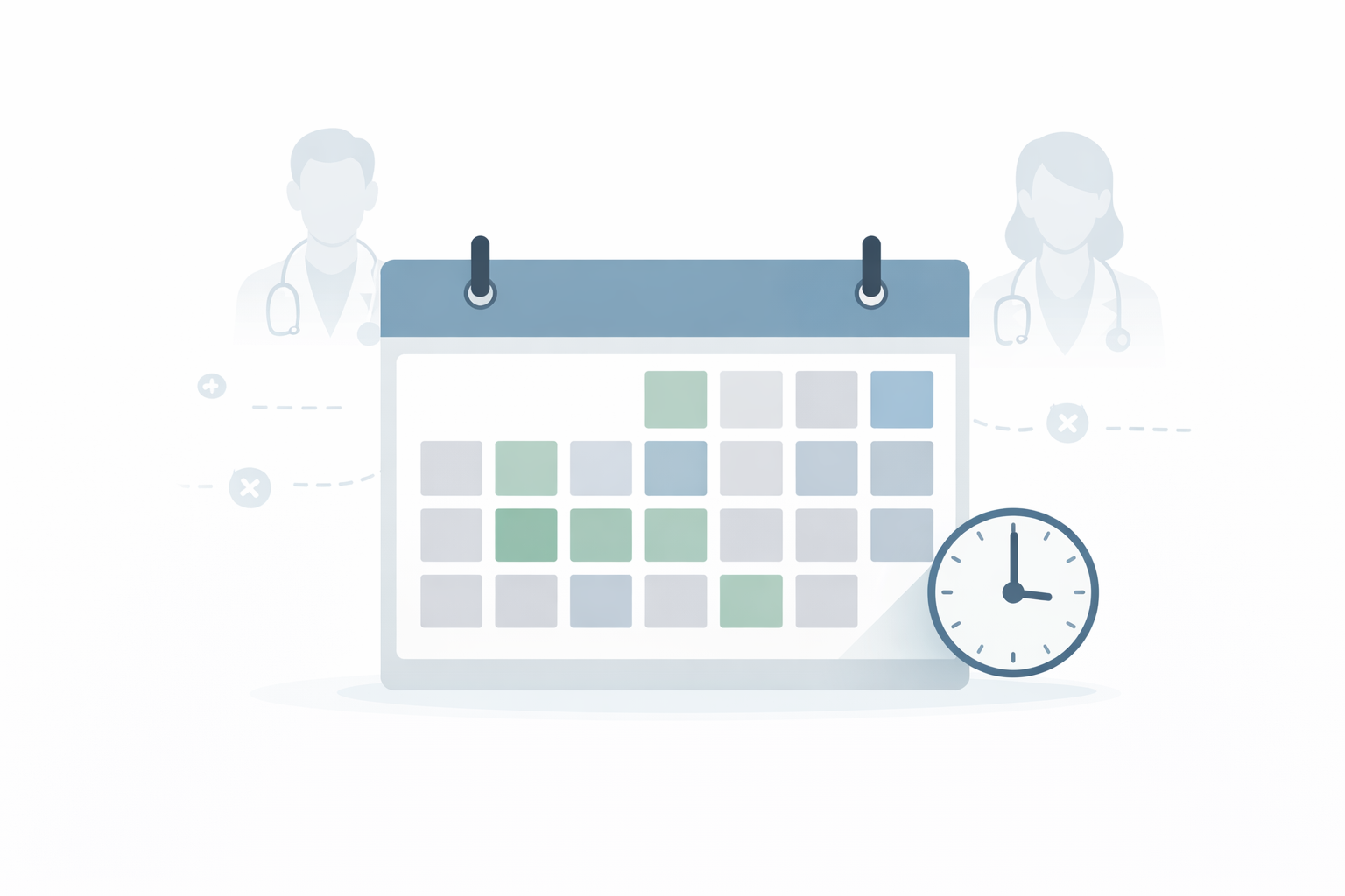 Illustration of a calendar with scheduled time blocks and a clock, representing appointment scheduling and time management.