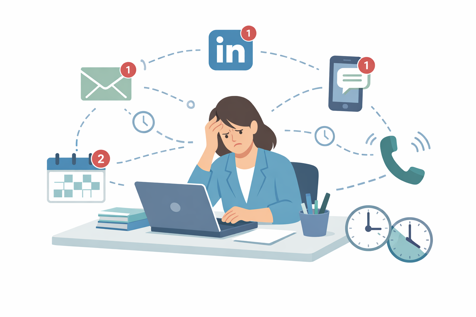 Illustration of a stressed woman at a desk surrounded by multiple notification icons, representing notification overload at work.